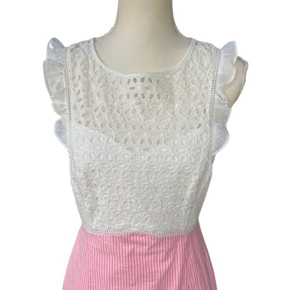 Lilly Pulitzer Maya Seersucker Ruffle Sleeve Eyelet Bodice Pink Striped Size 6 - Picture 4 of 9